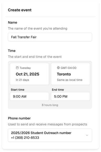 Screenshot of event creation on Withe Enroll EQ Prospective Student Data Capture and Engagement Platform