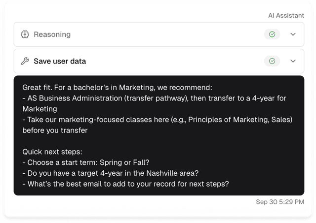 Screenshot of AI personalization on Withe Enroll EQ Prospective Student Data Capture and Engagement Platform